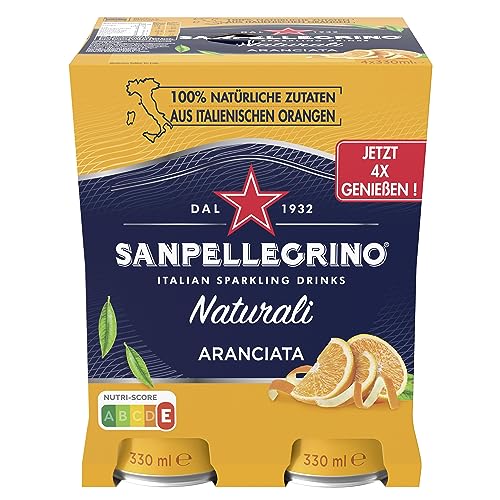 San Pellegrino Naturali Aranciata Orangen-Limonade mit 16% Orangensaft (aus Konzentrat) 4er Pack (4 x 330ml) Einweg-Dosen