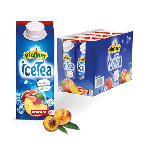 Pfanner Eistee Pfirsich im Vorratspack – Direkt aufgebrühter Schwarztee mit Pfirsichsaft in nachhaltiger to go Verpackung (8 x 750 ml)